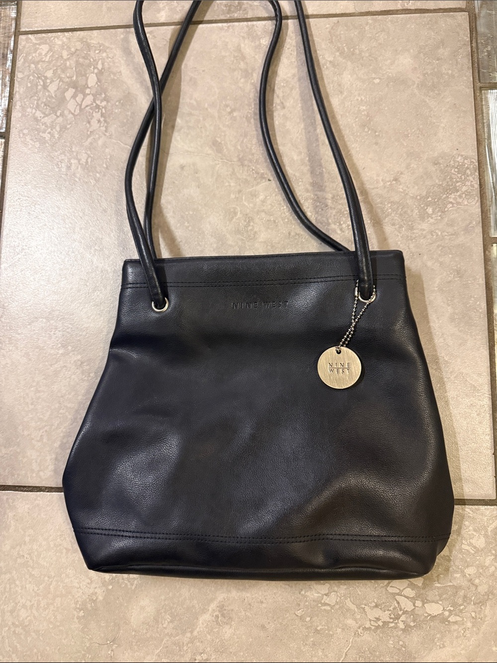 Nine West Black Leather Shoulder Tote with Gold Medallion